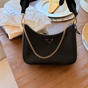 Prada Black Saffiano Shoulder Bag with Gold Chain